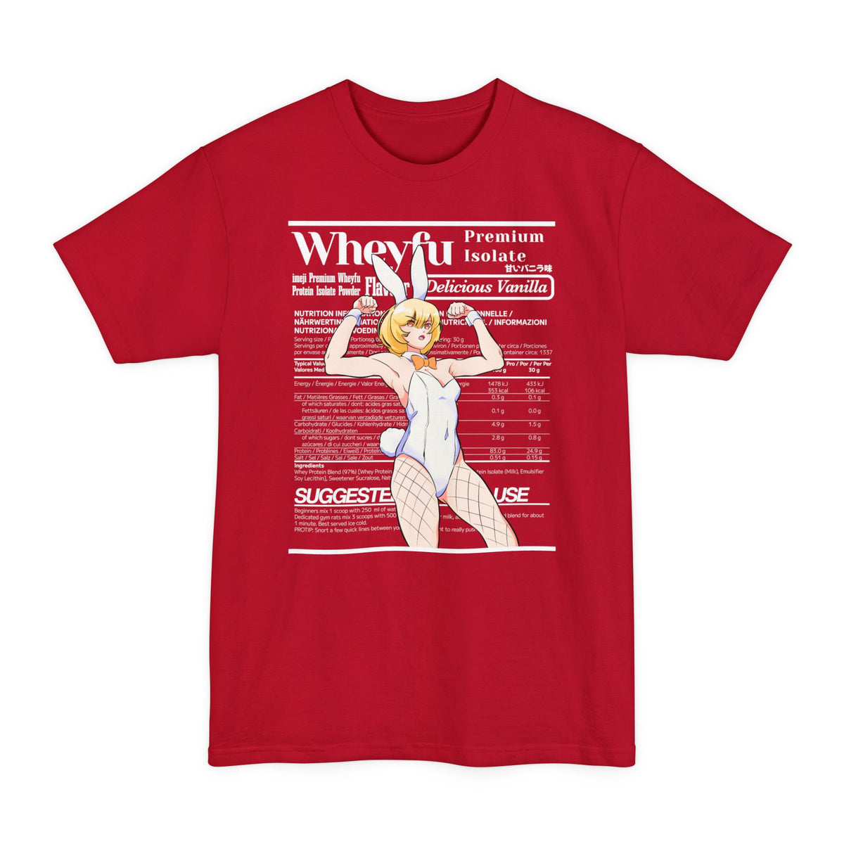 Deep Red tall T-shirt with a flexing bunny-eared anime girl against a "Wheyfu Delicious Vanilla" label on the front.