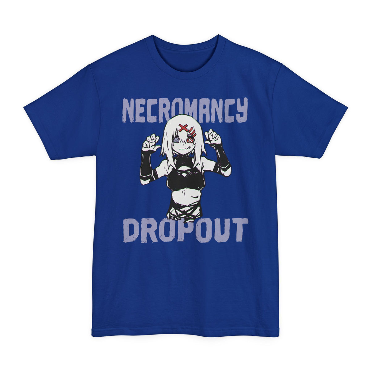 Deep Royal tall T-shirt with a stitched-mouth anime girl and "Necromancy Dropout" lettering on the front.