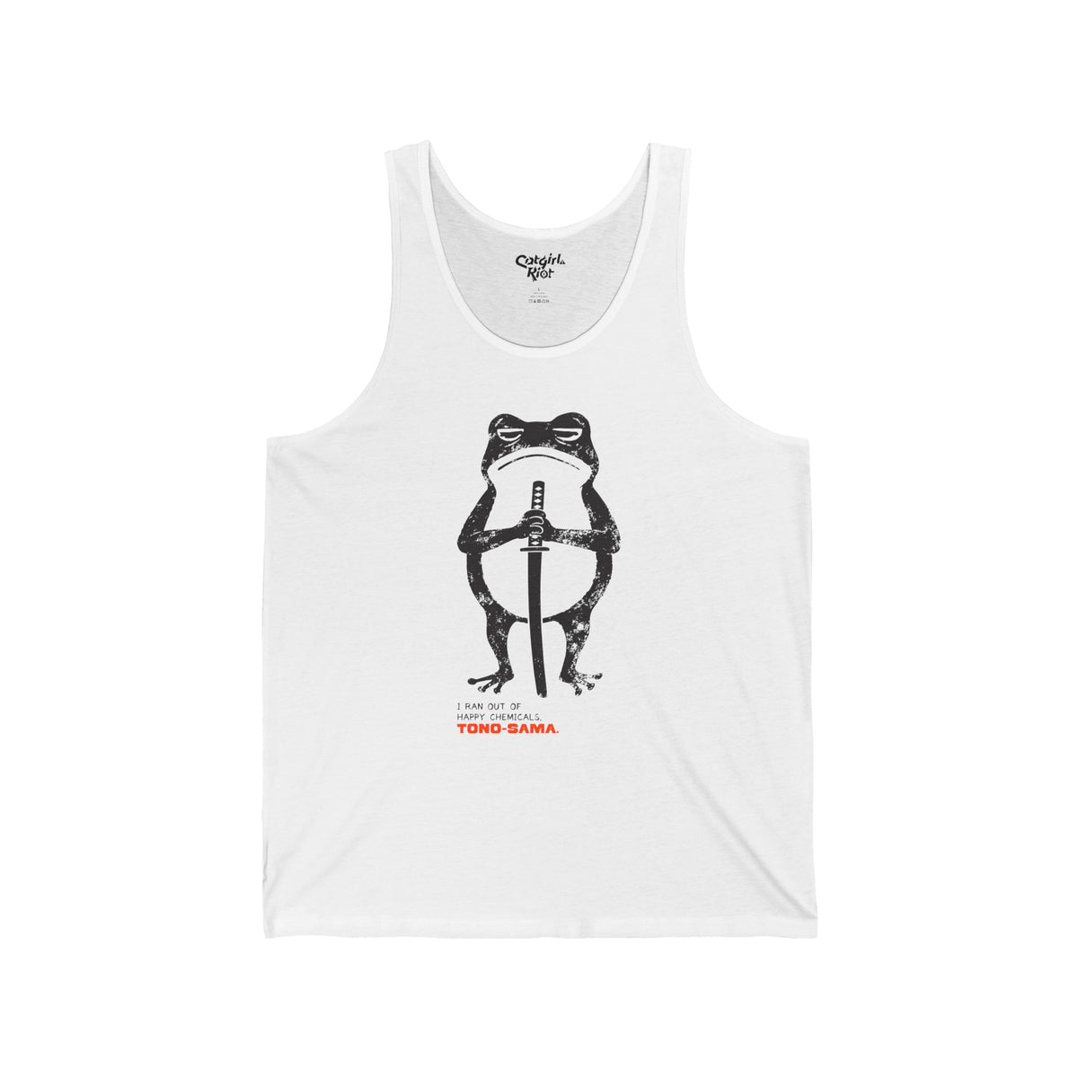 White tank top with a grumpy cartoon frog holding a katana, above "I Ran Out of Happy Chemicals, Tono-sama" lettering on the front.
