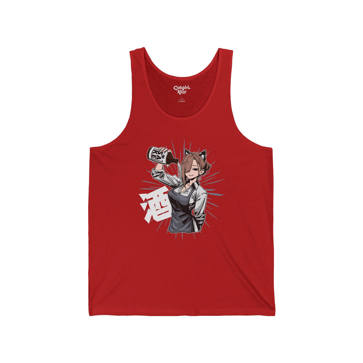 Red tank top with a cat-eared anime bartender pouring from a bottle of sake beside large Japanese lettering meaning "sake" on the front.