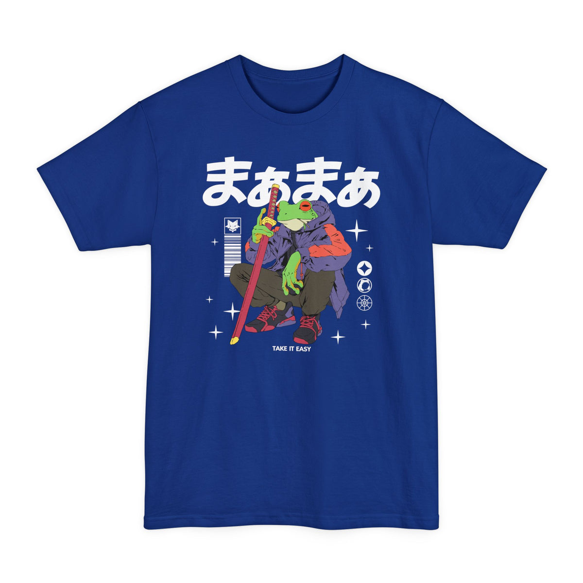 Deep Royal tall T-shirt with a frog holding a sword and "Take It Easy" lettering on the front.