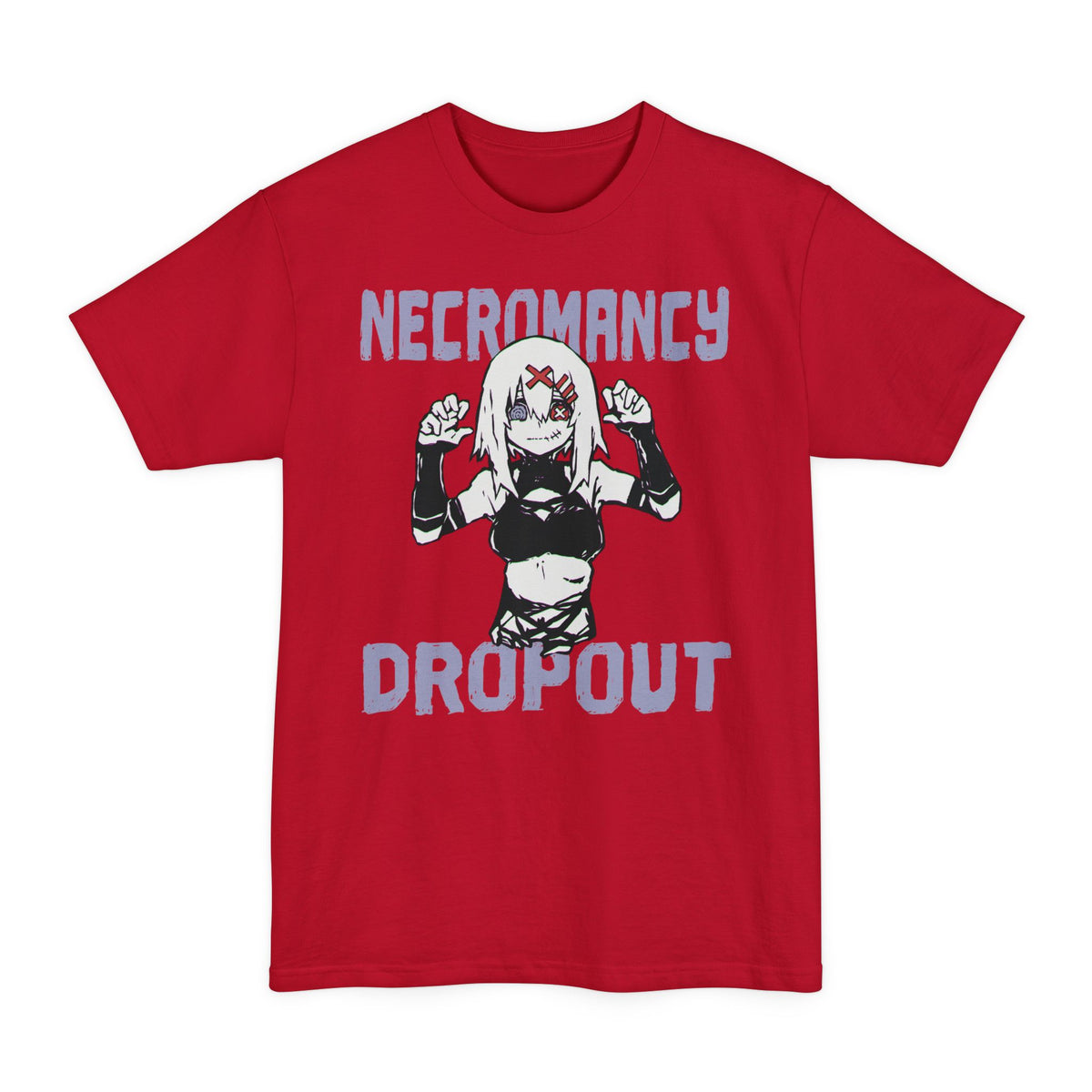 Deep Red tall T-shirt with a stitched-mouth anime girl and "Necromancy Dropout" lettering on the front.