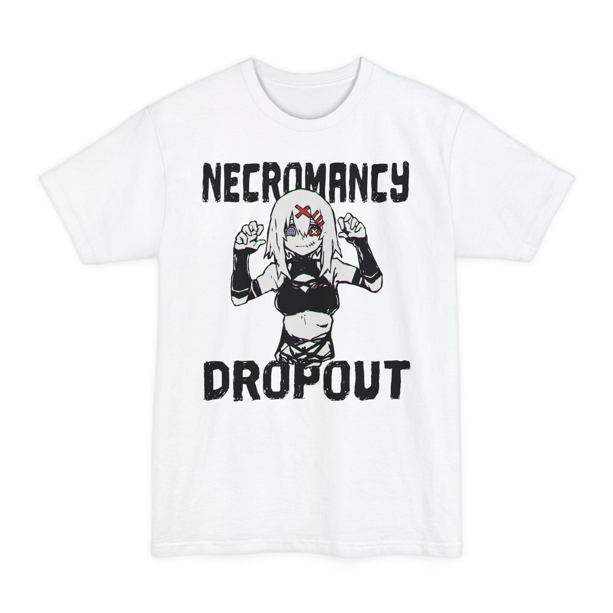 White tall T-shirt with a stitched-mouth anime girl and "Necromancy Dropout" lettering on the front.