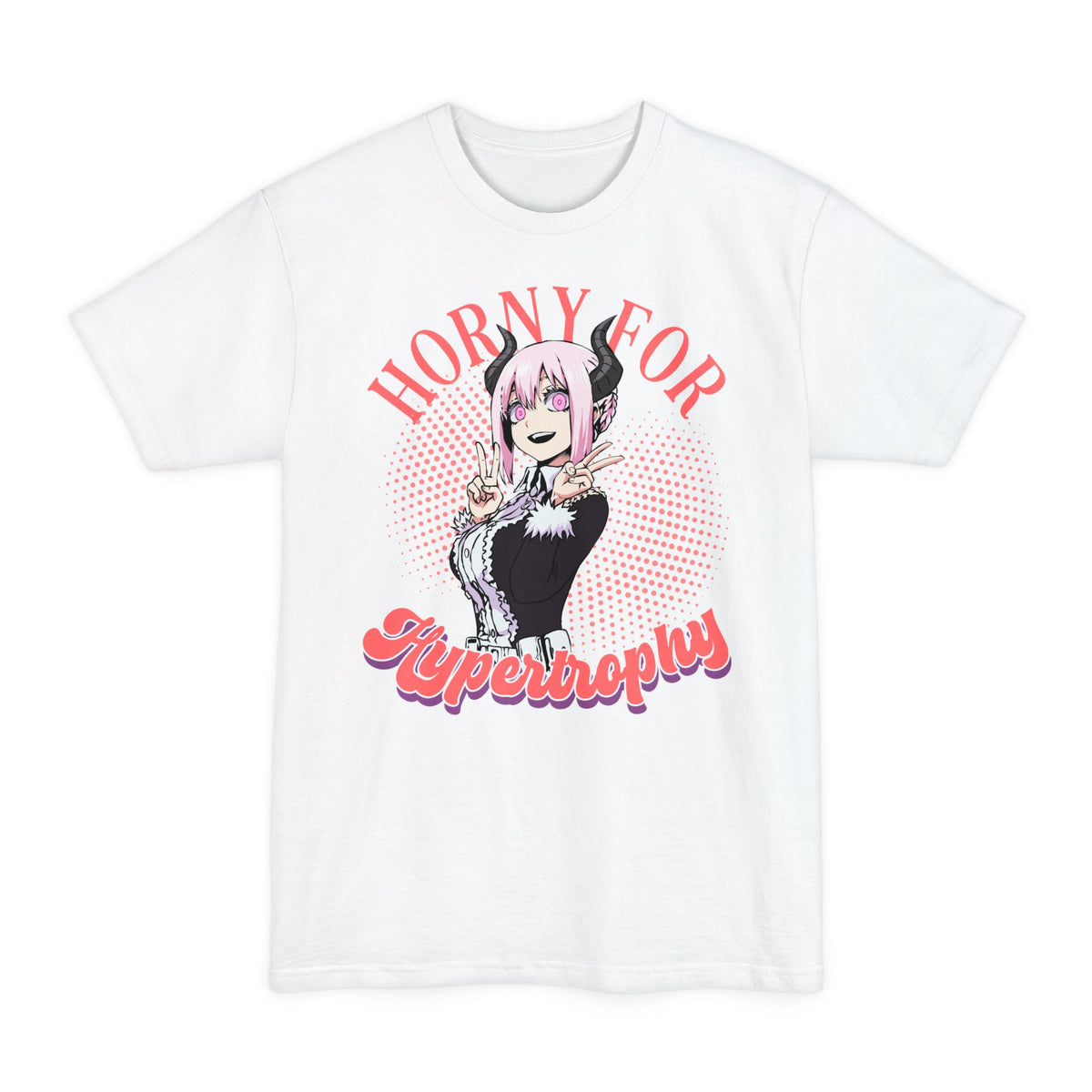 White tall T-shirt with an anime maid and "Horny for Hypertrophy" lettering on the front.