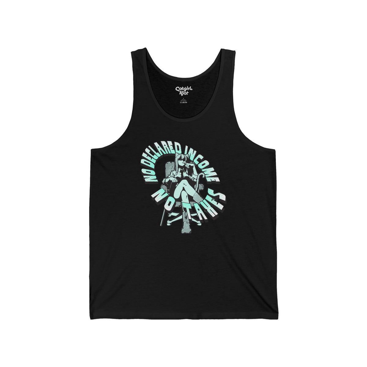 Black tank top with a cat-eared anime girl lounging in an office chair, surrounded by "No Declared Income" and "No Taxes" lettering on the front.