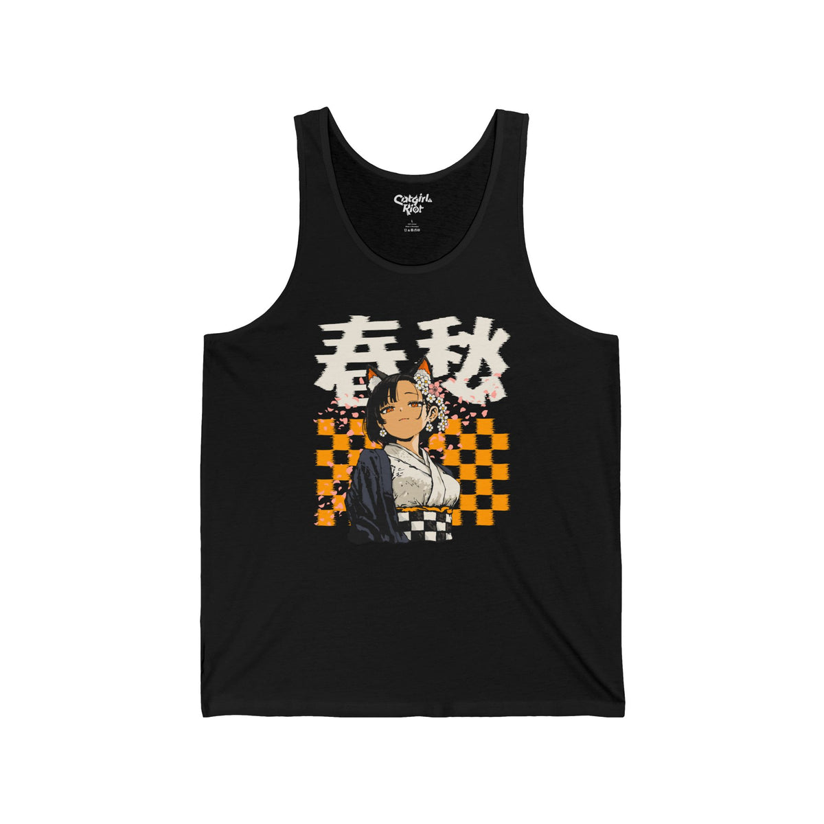 Black tank top with a cat-eared anime girl with flower hairpins, in a kimono, in front of an orange checkerboard, with Japanese lettering meaning "spring melancholy" on the front.