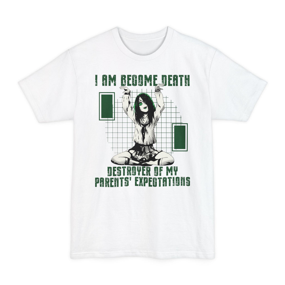White tall T-shirt with an anime girl and "Destroyer of My Parents' Expectations" lettering on the front.