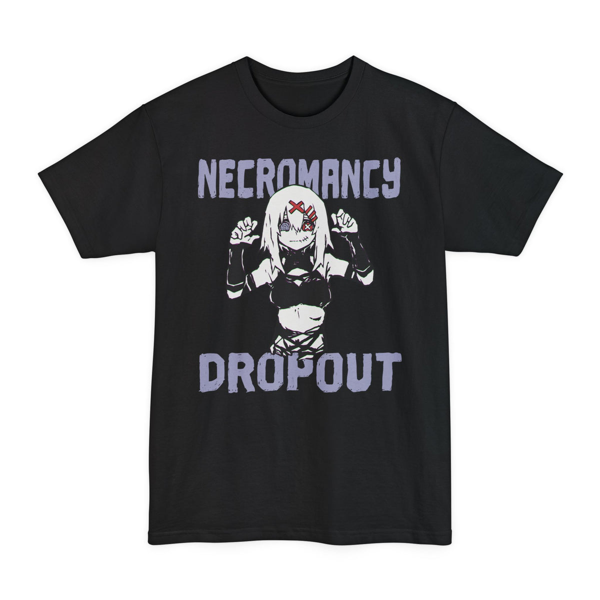 Black tall T-shirt with a stitched-mouth anime girl and "Necromancy Dropout" lettering on the front.