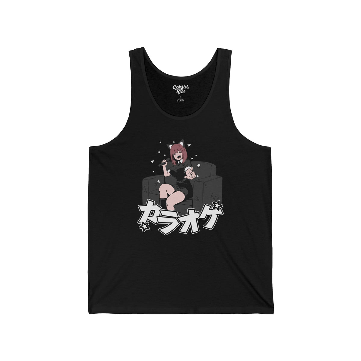 Black tank top with a laughing cat-eared anime girl on a sofa holding a microphone, above Japanese lettering meaning "karaoke" on the front.