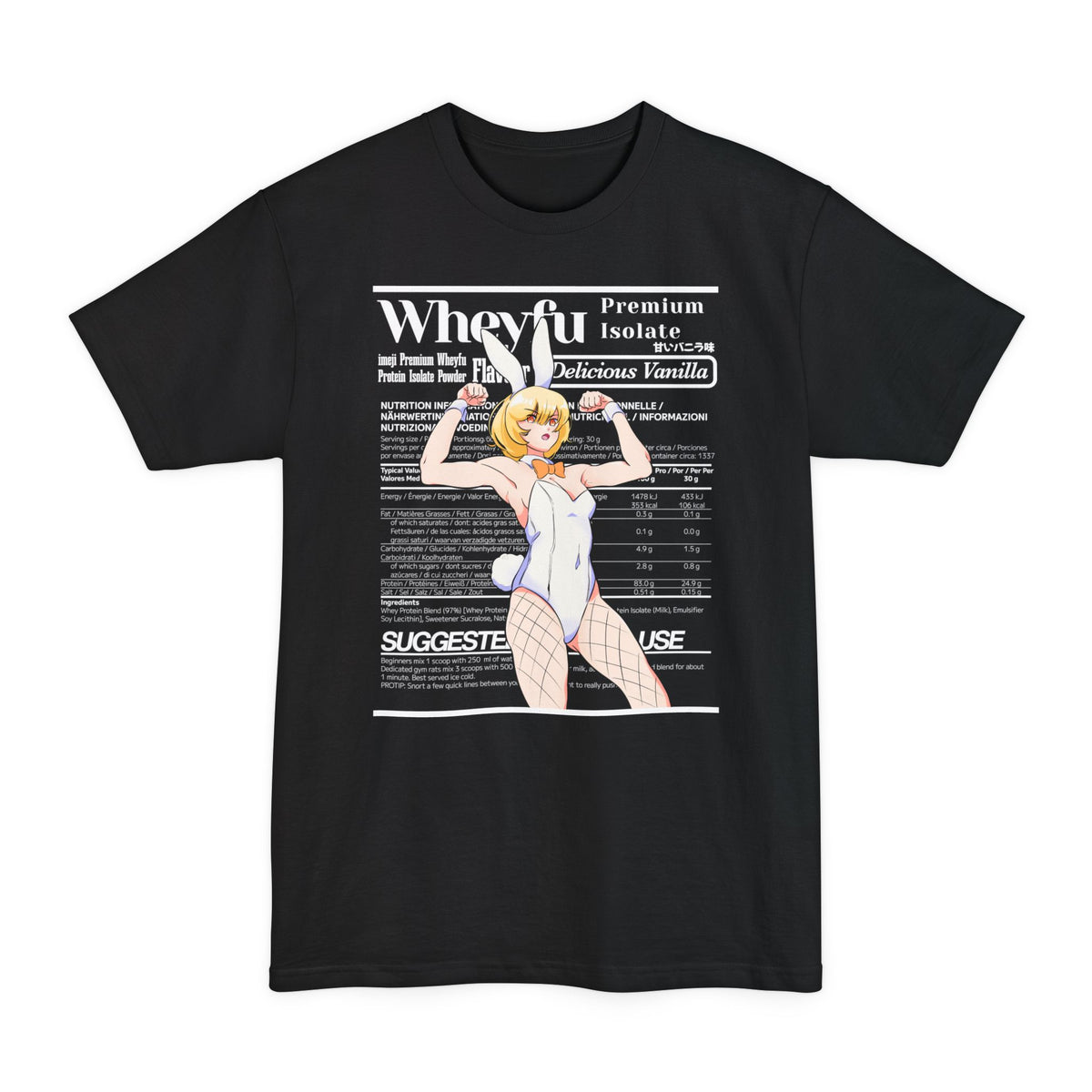 Black tall T-shirt with a flexing bunny-eared anime girl against a "Wheyfu Delicious Vanilla" label on the front.