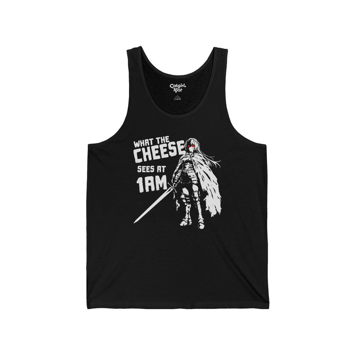 Black tank top with an anime warrior and "What the Cheese Sees at 1AM" lettering on the front.