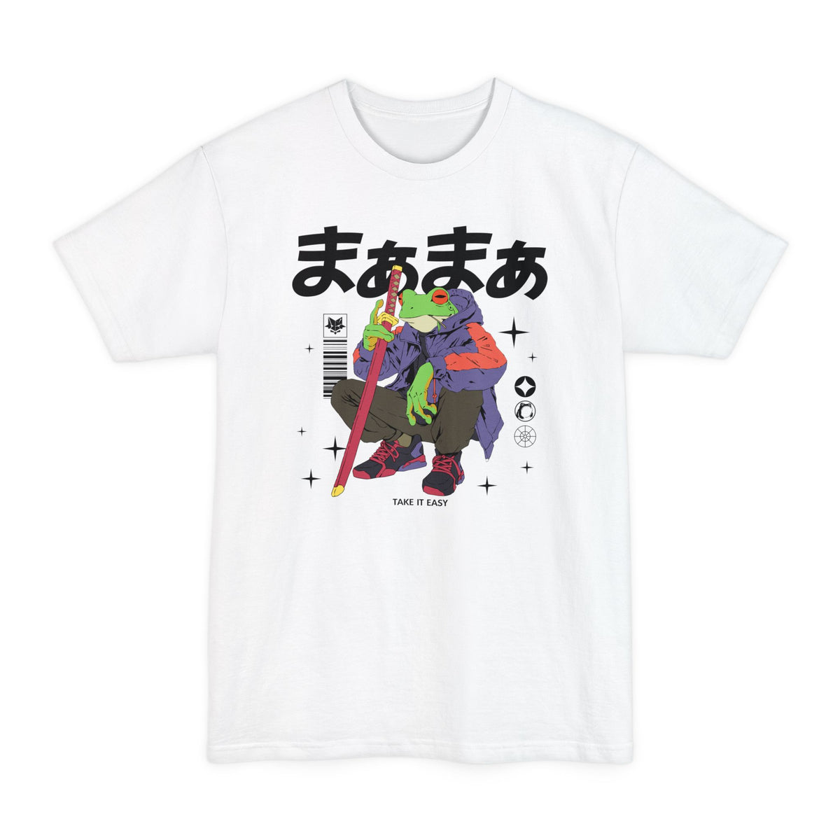 White tall T-shirt with a frog holding a sword and "Take It Easy" lettering on the front.