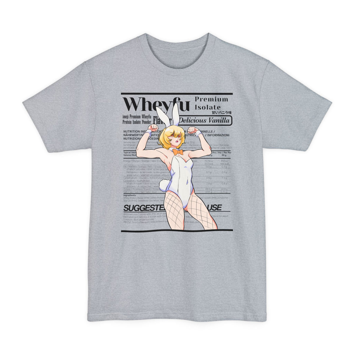 Light Steel tall T-shirt with a flexing bunny-eared anime girl against a "Wheyfu Delicious Vanilla" label on the front.