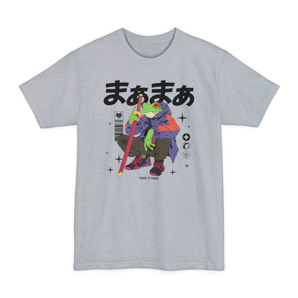 Light Steel tall T-shirt with a frog holding a sword and "Take It Easy" lettering on the front.