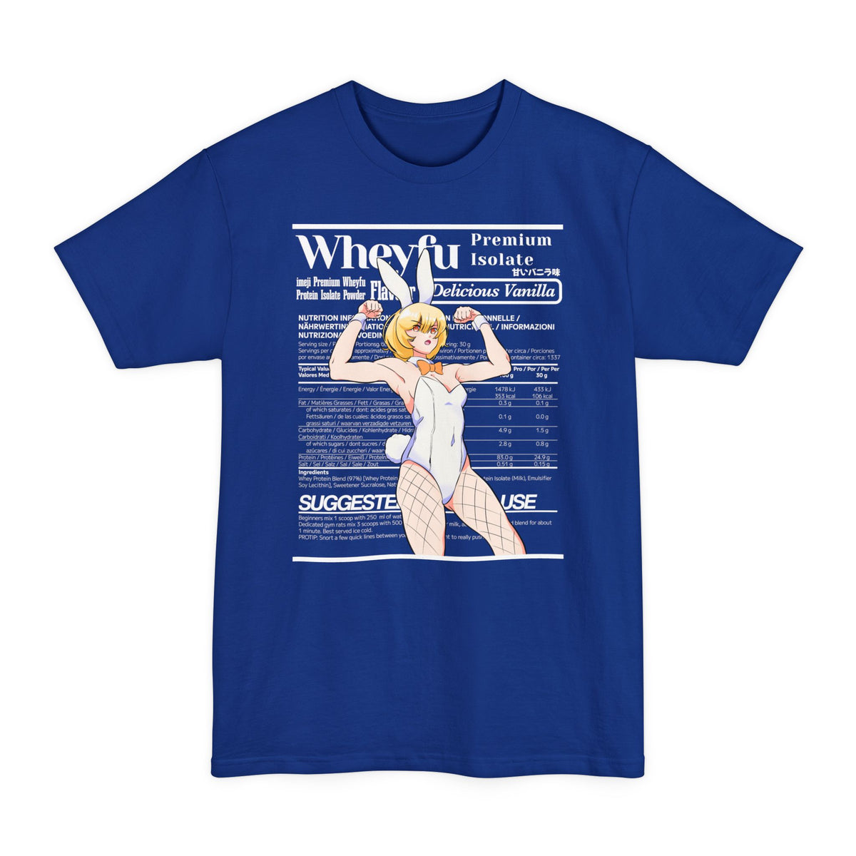 Deep Royal tall T-shirt with a flexing bunny-eared anime girl against a "Wheyfu Delicious Vanilla" label on the front.