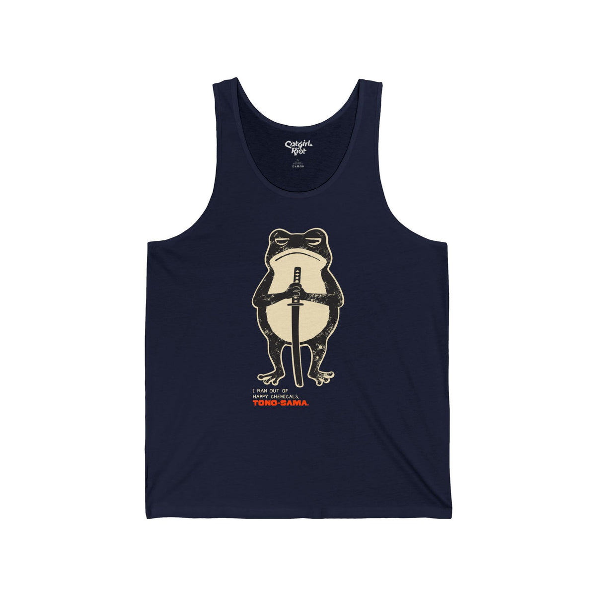 Navy tank top with a grumpy cartoon frog holding a katana, above "I Ran Out of Happy Chemicals, Tono-sama" lettering on the front.