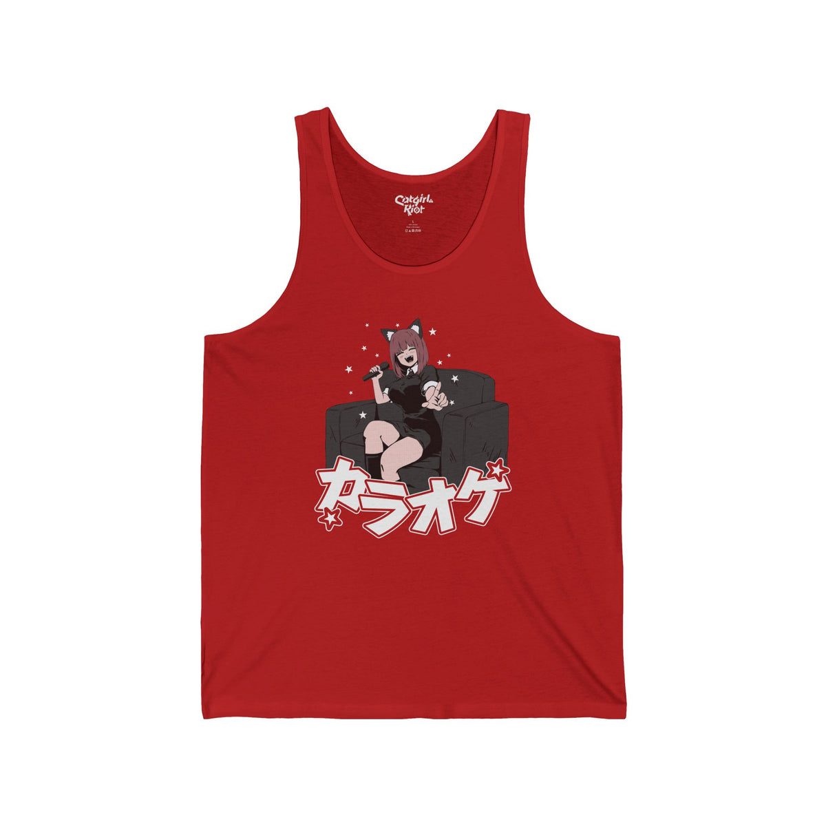 Red tank top with a laughing cat-eared anime girl on a sofa holding a microphone, above Japanese lettering meaning "karaoke" on the front.