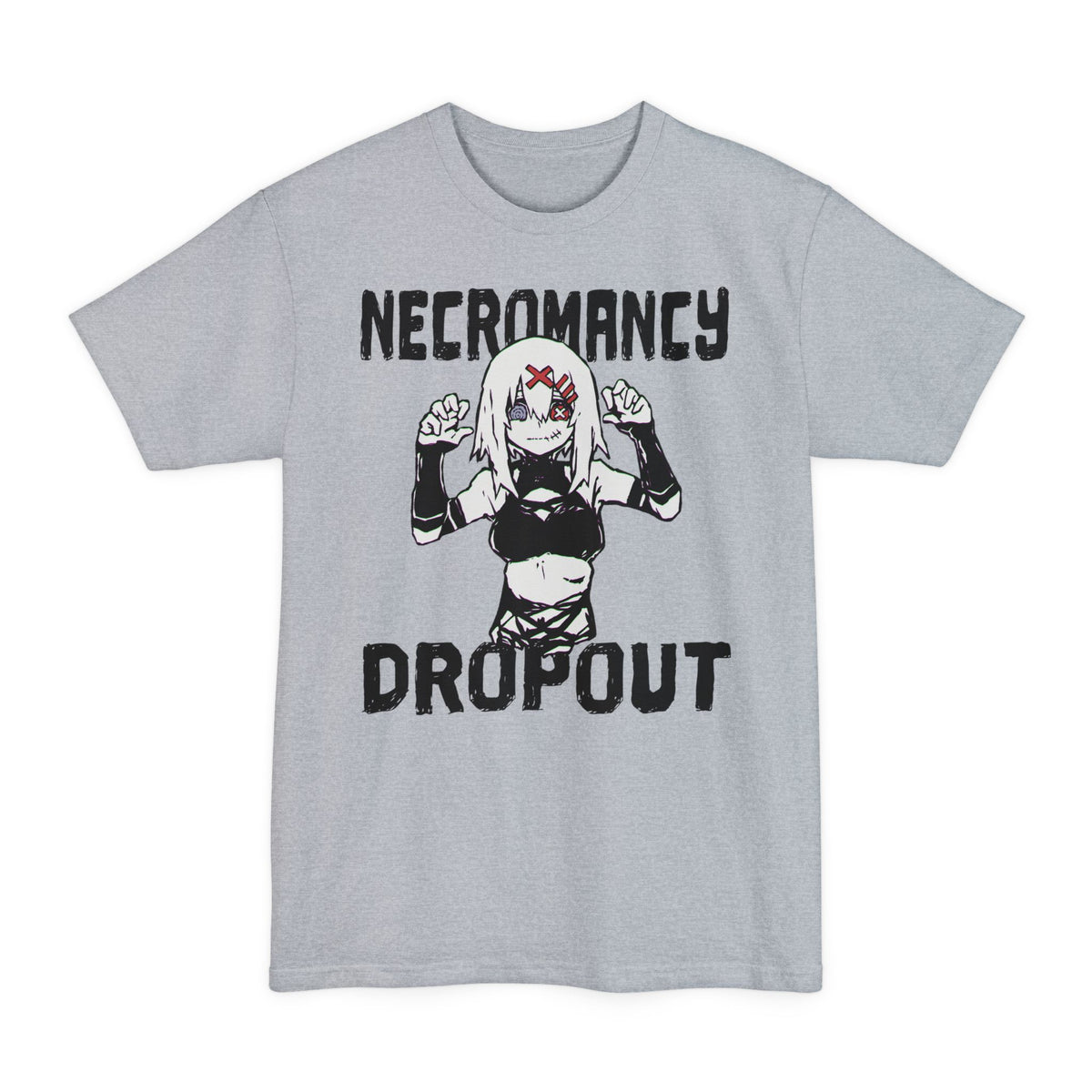 Light Steel tall T-shirt with a stitched-mouth anime girl and "Necromancy Dropout" lettering on the front.