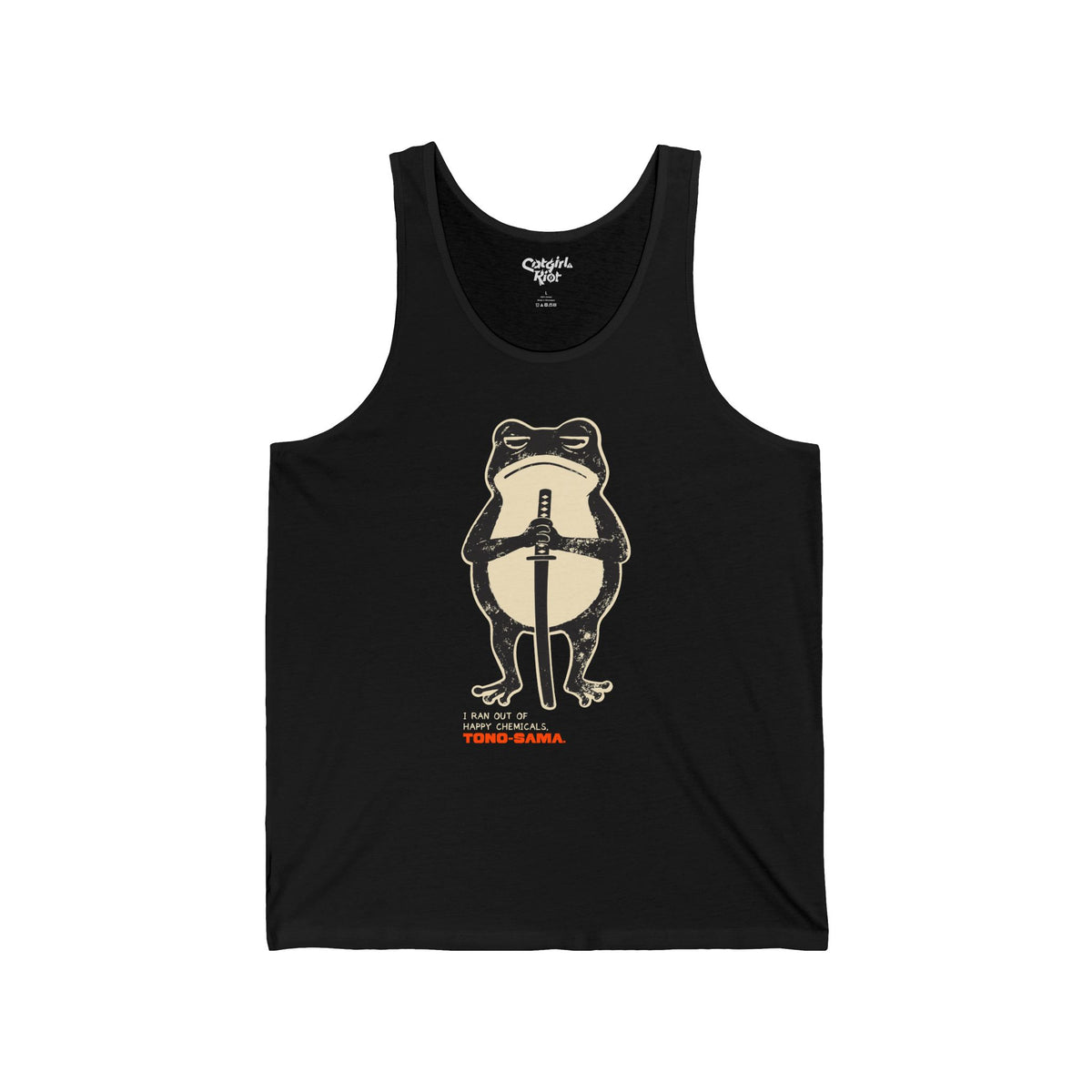 Black tank top with a grumpy cartoon frog holding a katana, above "I Ran Out of Happy Chemicals, Tono-sama" lettering on the front.