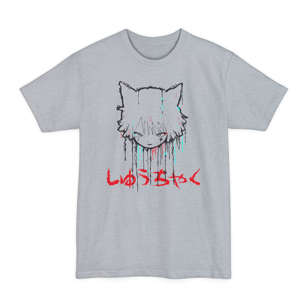 Light Steel tall T-shirt with a cat-eared anime girl's head with dripping glitch lines on the front.
