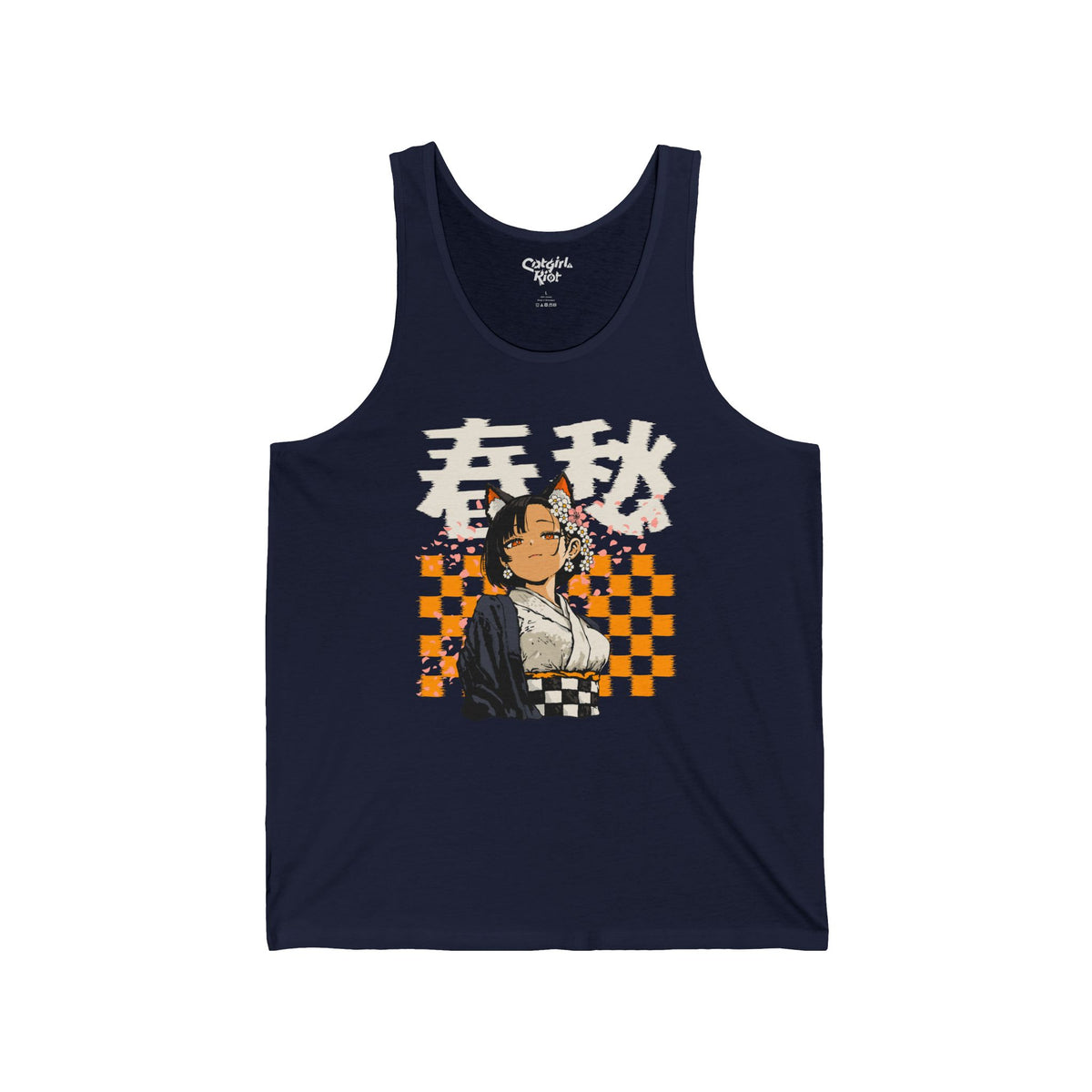 Navy tank top with a cat-eared anime girl with flower hairpins, in a kimono, in front of an orange checkerboard, with Japanese lettering meaning "spring melancholy" on the front.