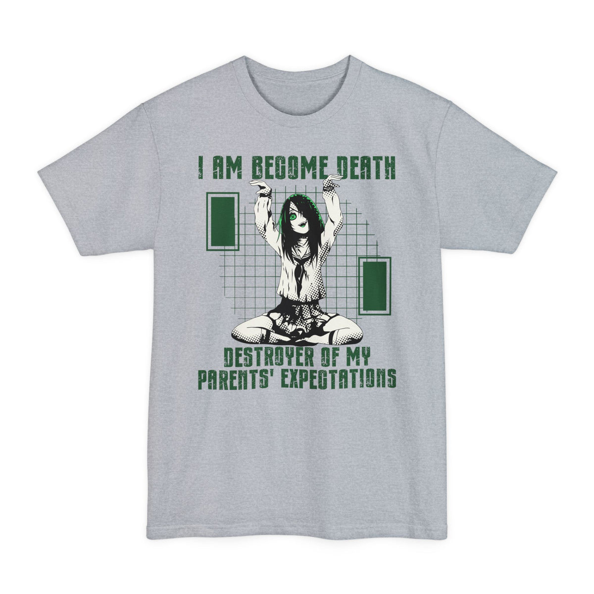 Light Steel tall T-shirt with an anime girl and "Destroyer of My Parents' Expectations" lettering on the front.