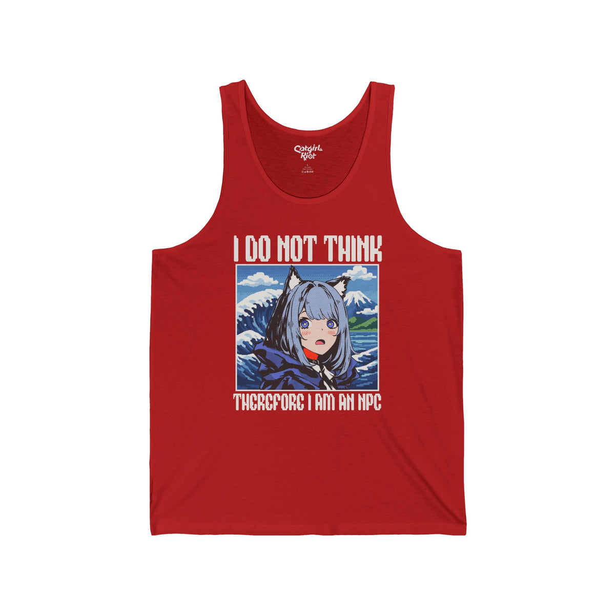 Red tank top with a wide-eyed cat-eared anime girl in front of a pixel-art Great Wave and Mount Fuji, with "I Do Not Think Therefore I Am an NPC" lettering on the front.