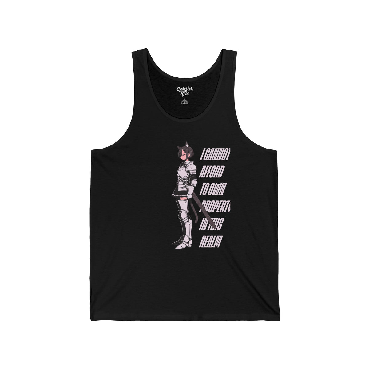 Black tank top with a cat-eared anime knight with a sheathed sword beside "I Cannot Afford to Own Property in This Realm" lettering on the front.