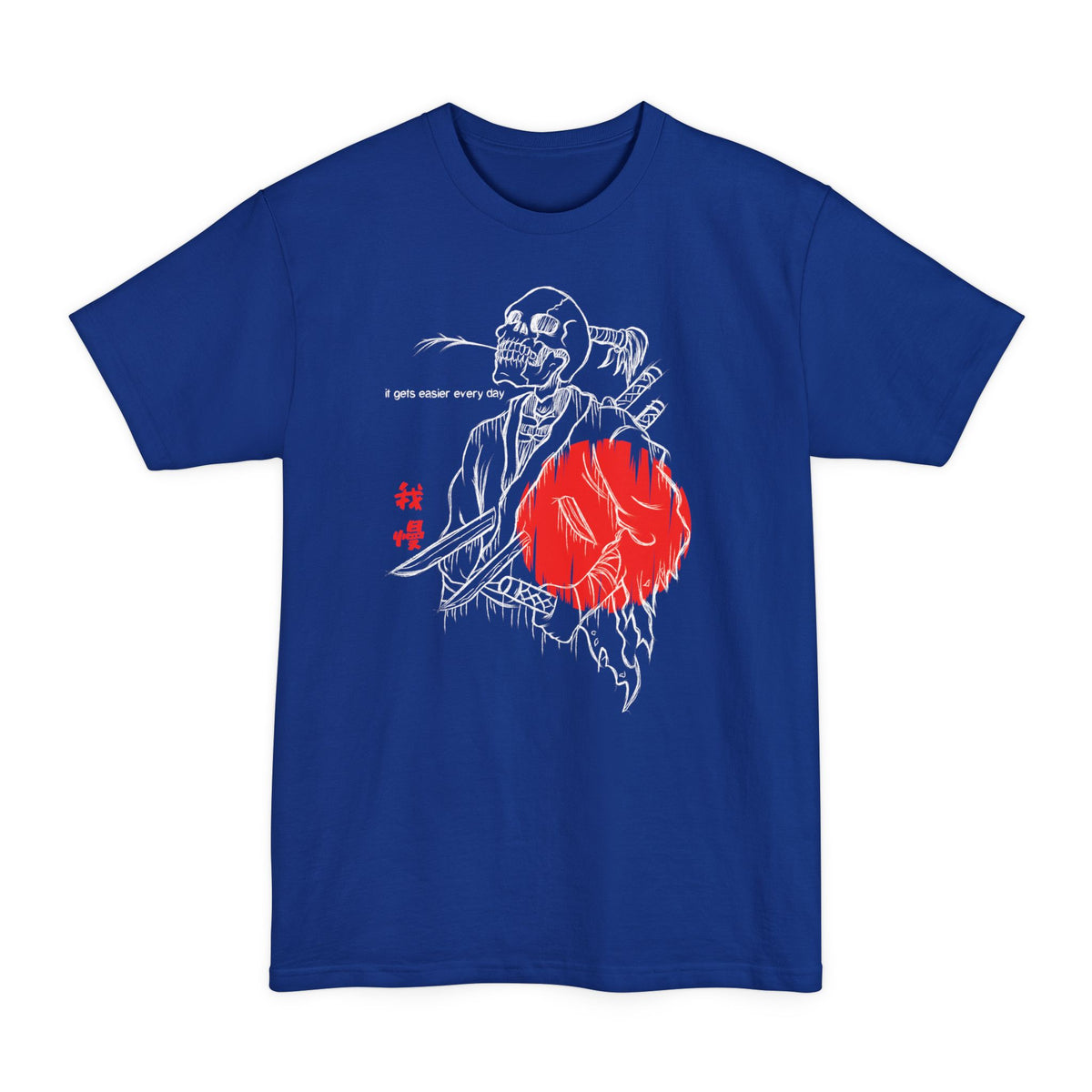 Deep Royal tall T-shirt with a skeleton embracing a figure beneath a red sun on the front.