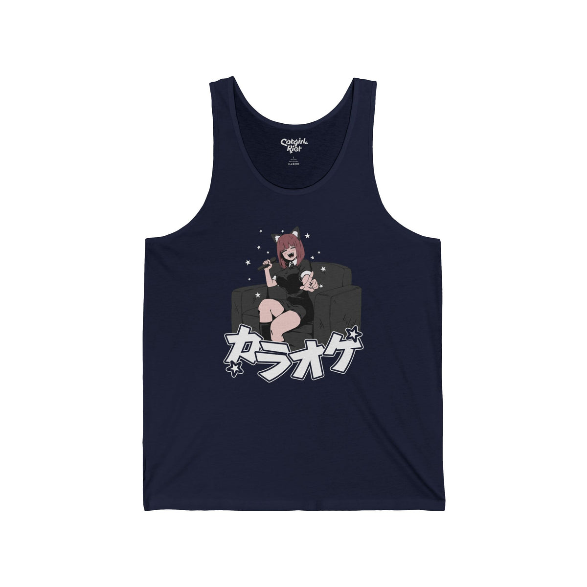 Navy tank top with a laughing cat-eared anime girl on a sofa holding a microphone, above Japanese lettering meaning "karaoke" on the front.