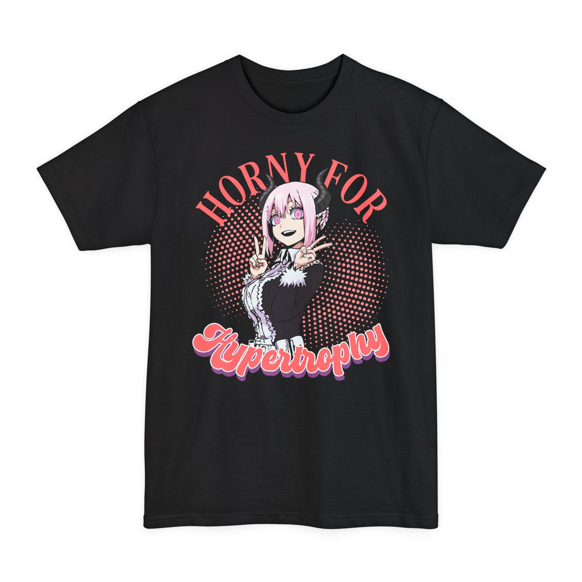 Black tall T-shirt with an anime maid and "Horny for Hypertrophy" lettering on the front.