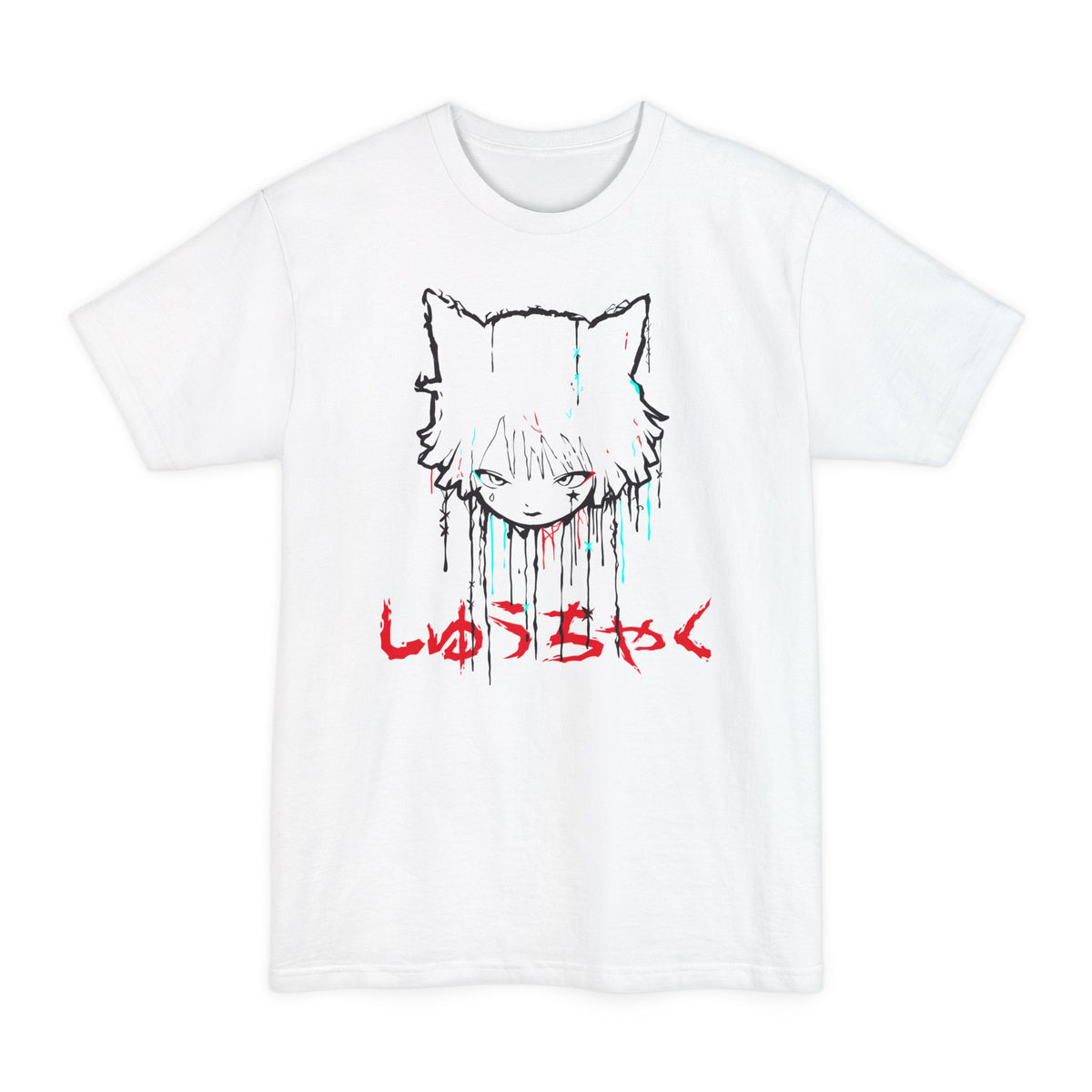 White tall T-shirt with a cat-eared anime girl's head with dripping glitch lines on the front.