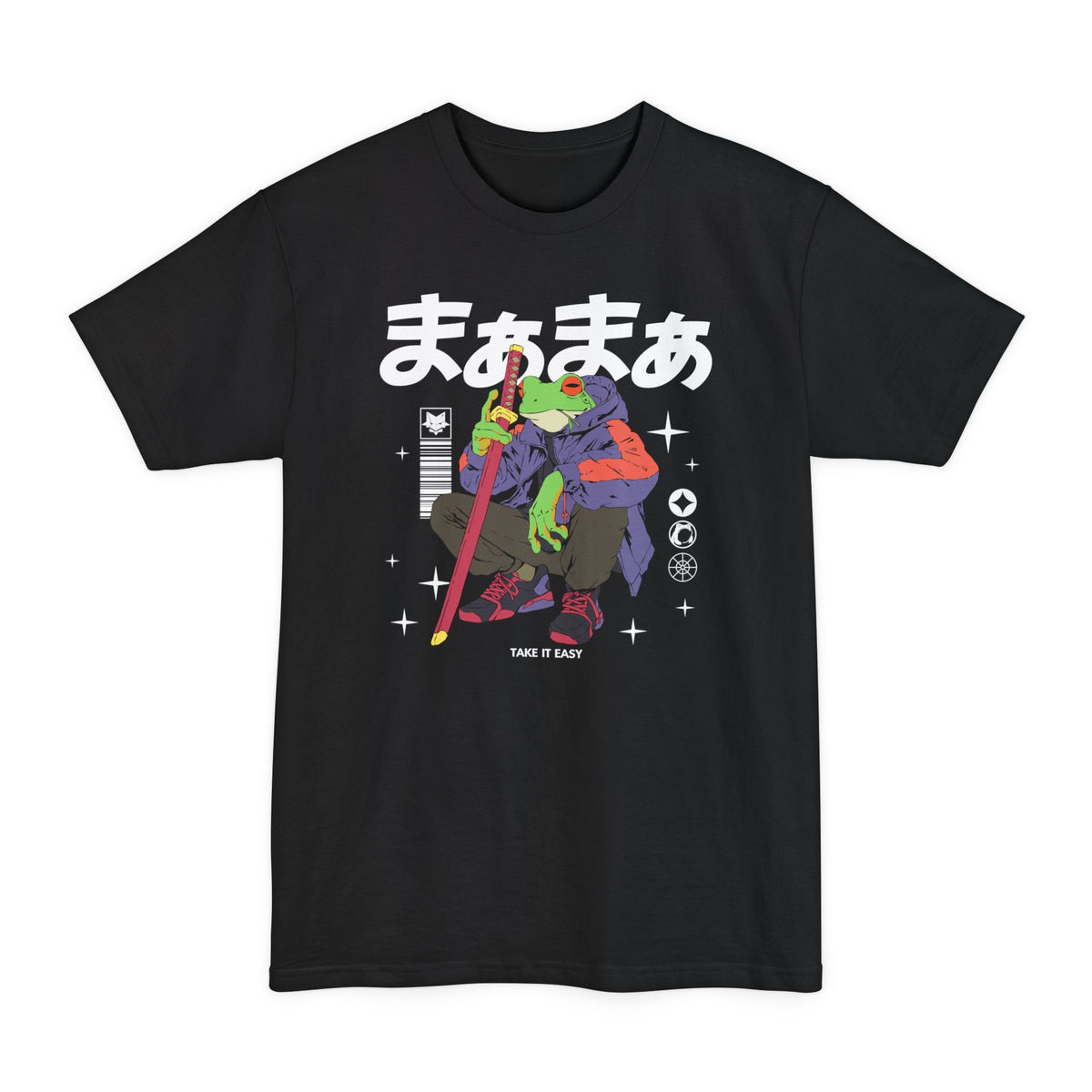 Black tall T-shirt with a frog holding a sword and "Take It Easy" lettering on the front.