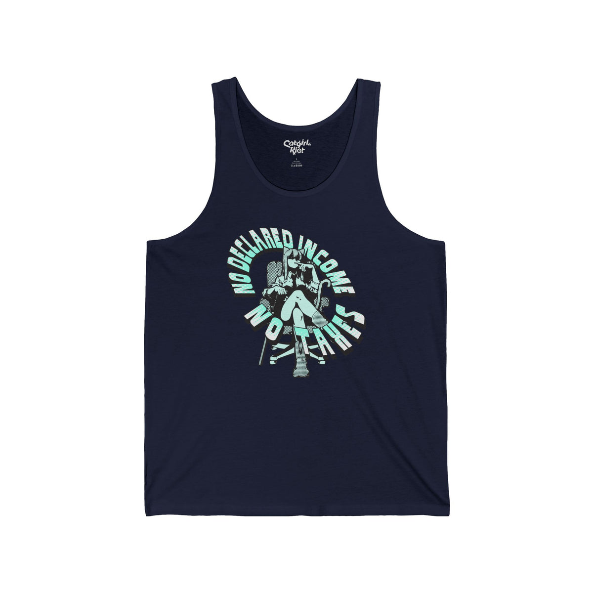 Navy tank top with a cat-eared anime girl lounging in an office chair, surrounded by "No Declared Income" and "No Taxes" lettering on the front.