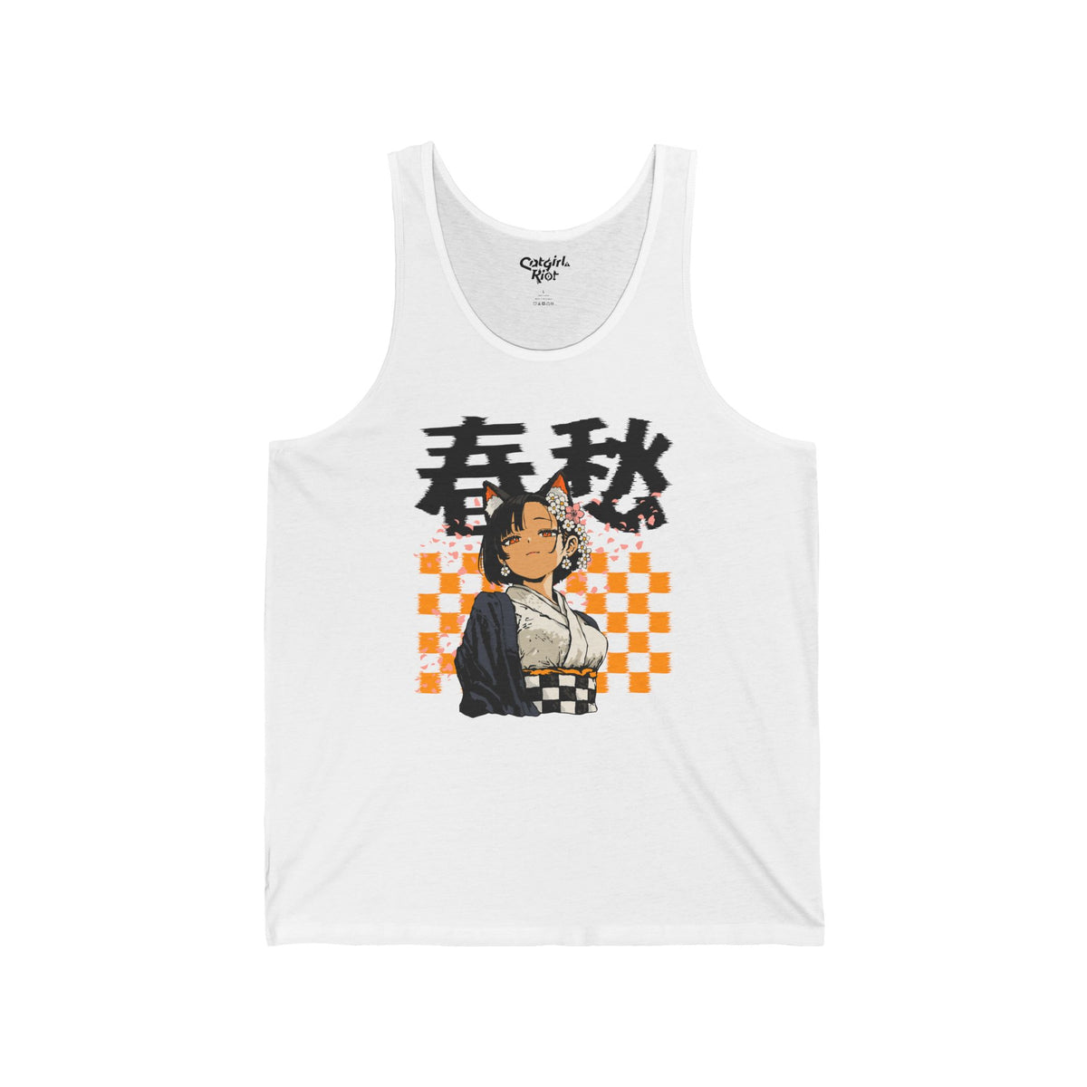 White tank top with a cat-eared anime girl with flower hairpins, in a kimono, in front of an orange checkerboard, with Japanese lettering meaning "spring melancholy" on the front.