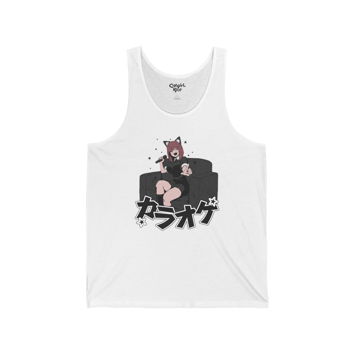 White tank top with a laughing cat-eared anime girl on a sofa holding a microphone, above Japanese lettering meaning "karaoke" on the front.