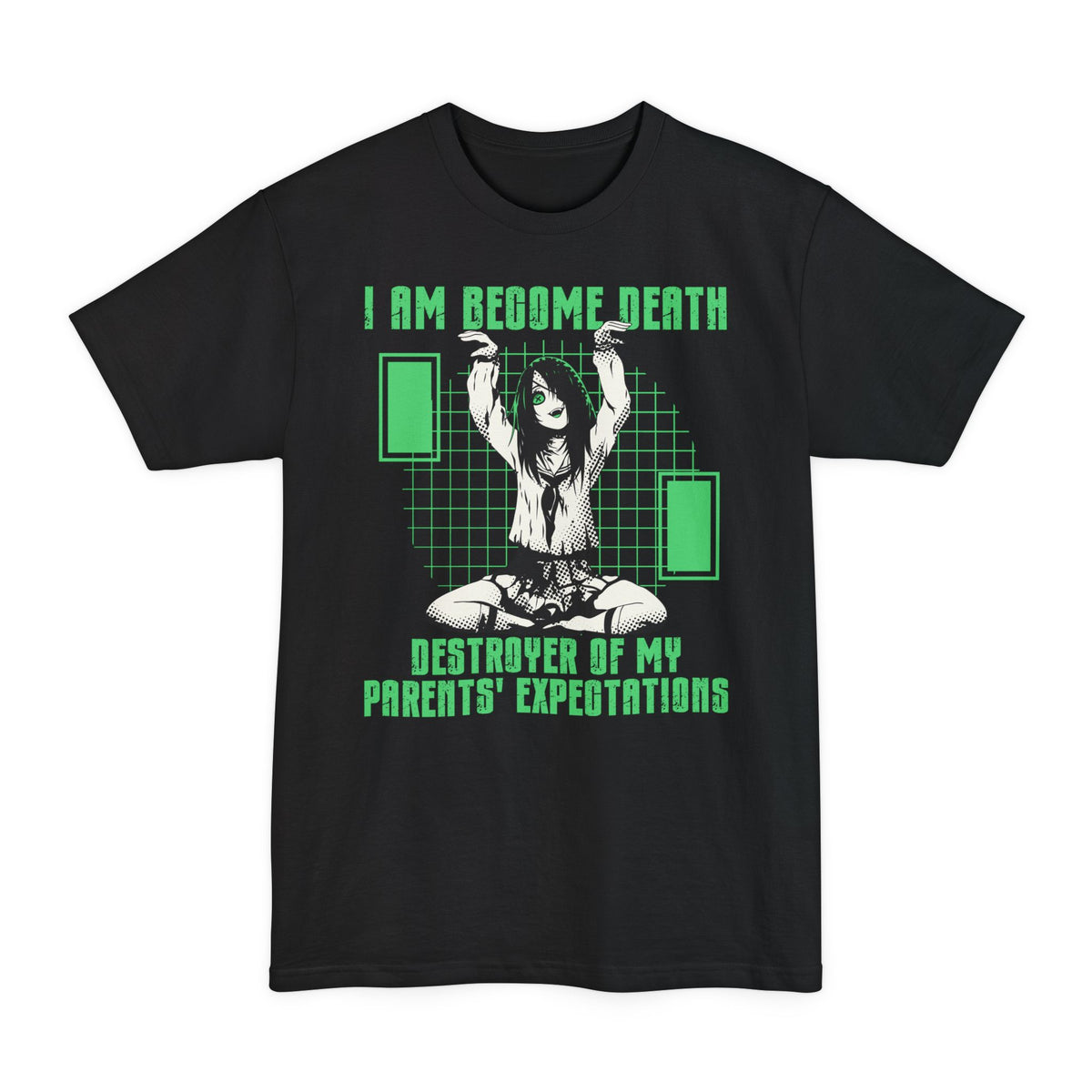 Black tall T-shirt with an anime girl and "Destroyer of My Parents' Expectations" lettering on the front.