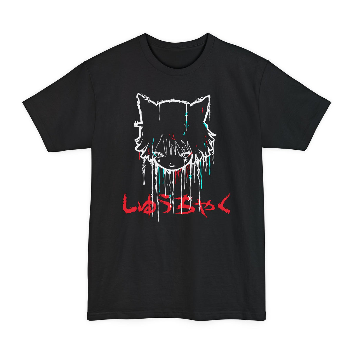 Black tall T-shirt with a cat-eared anime girl's head with dripping glitch lines on the front.