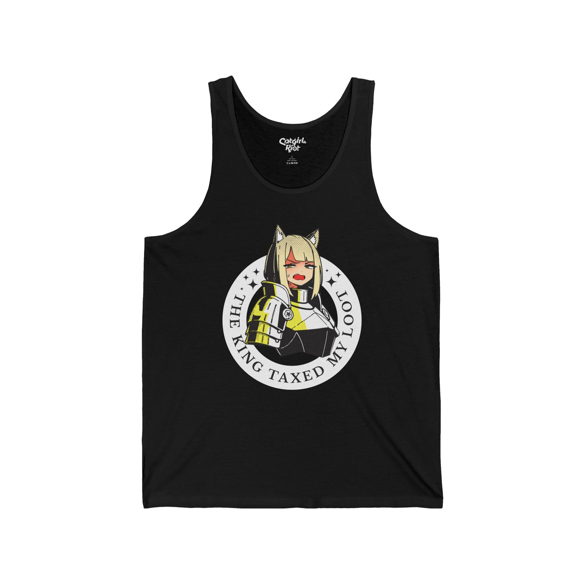 Black tank top with a teary cat-eared anime knight in a round badge reading "The King Taxed My Loot" on the front.