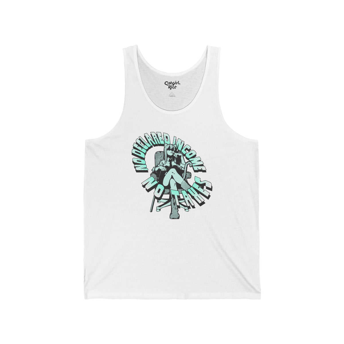 White tank top with a cat-eared anime girl lounging in an office chair, surrounded by "No Declared Income" and "No Taxes" lettering on the front.