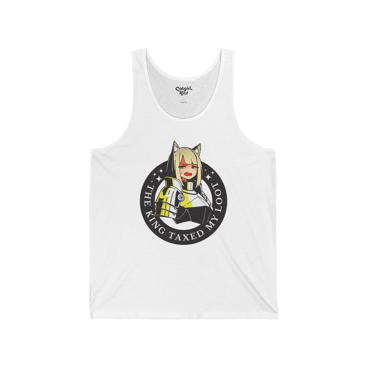 White tank top with a teary cat-eared anime knight in a round badge reading "The King Taxed My Loot" on the front.