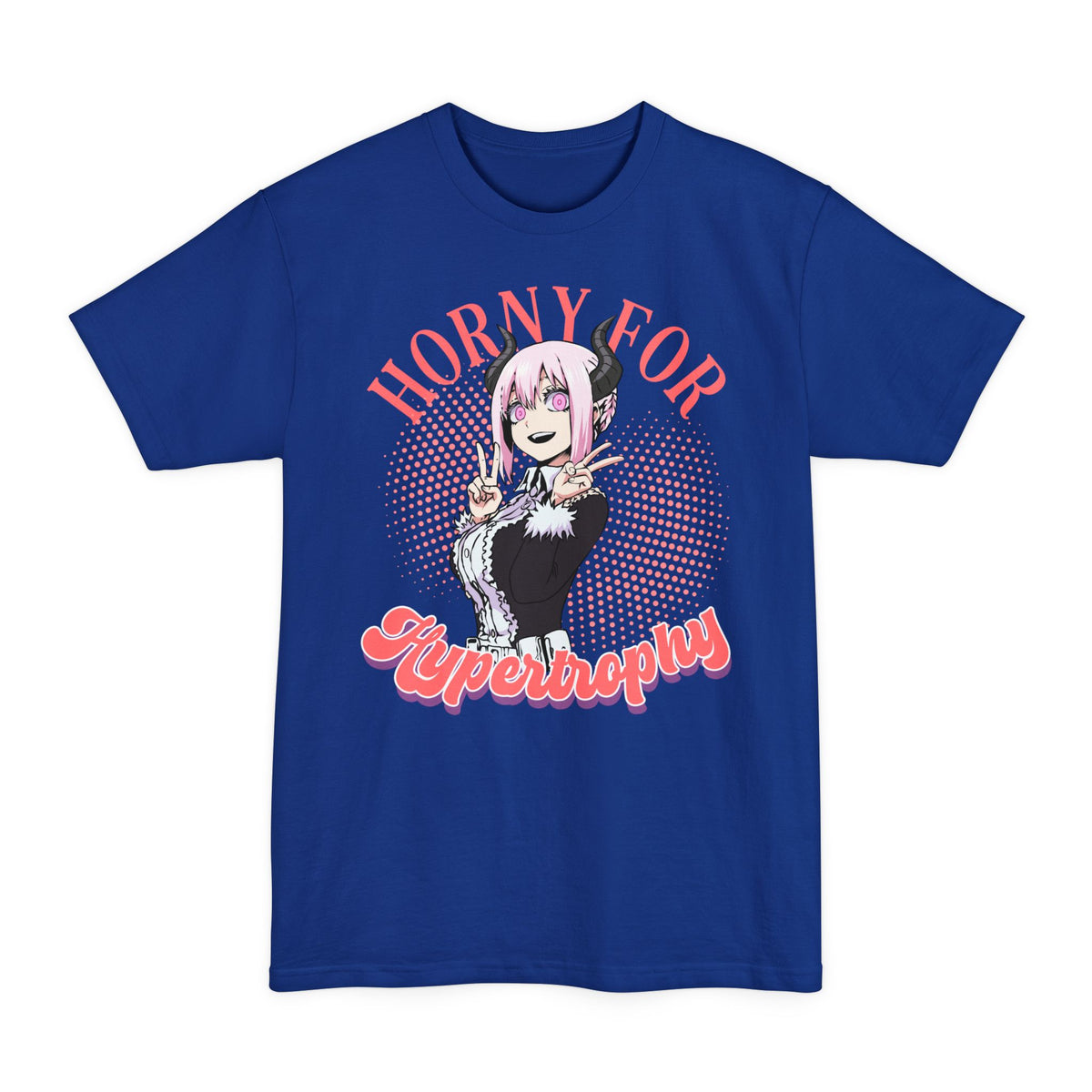 Deep Royal tall T-shirt with an anime maid and "Horny for Hypertrophy" lettering on the front.