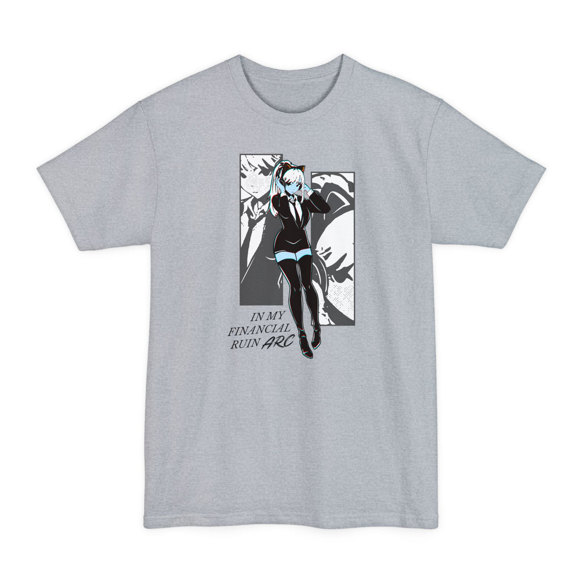 Light Steel tall T-shirt with an anime girl in a manga panel and "In My Financial Ruin Arc" lettering on the front.
