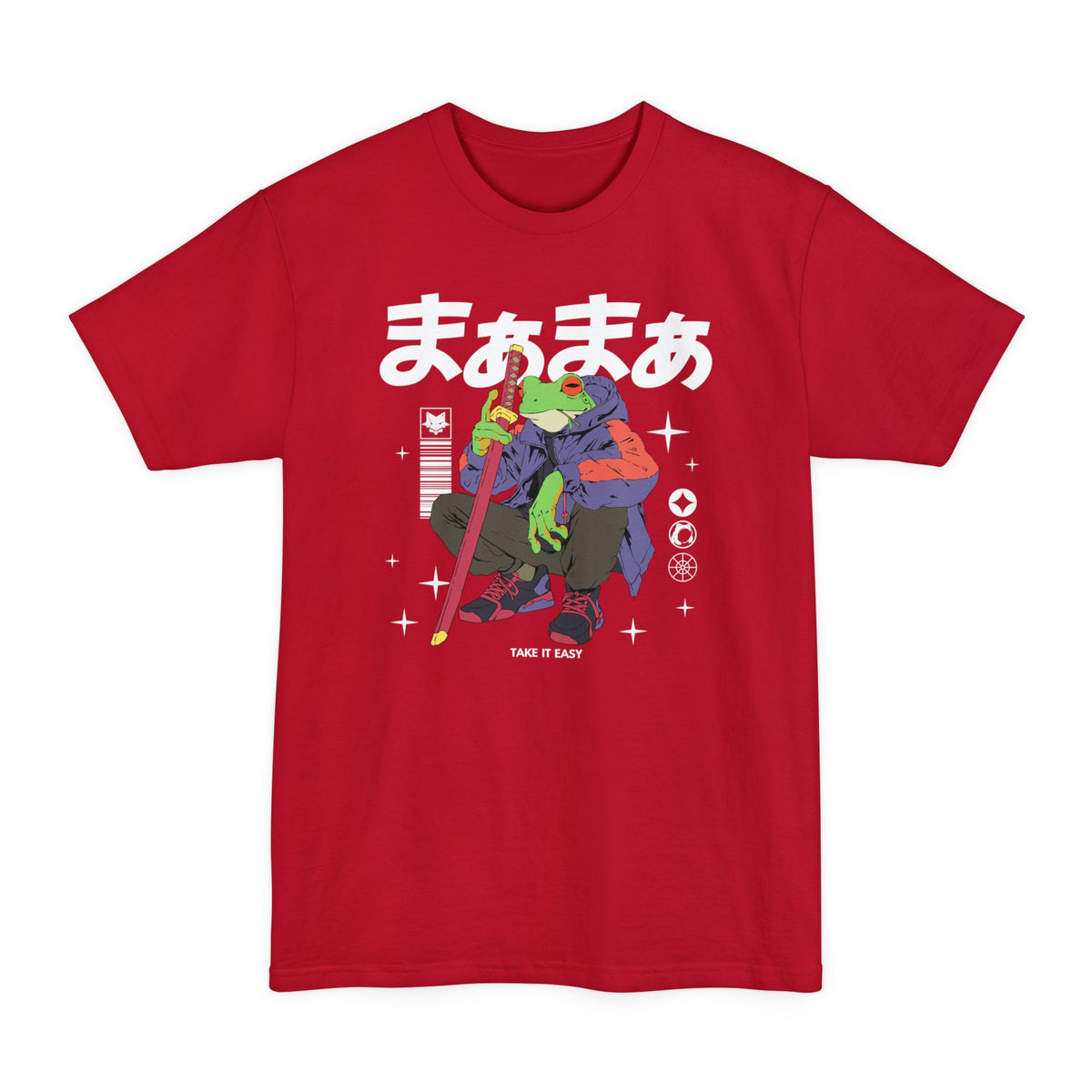 Deep Red tall T-shirt with a frog holding a sword and "Take It Easy" lettering on the front.