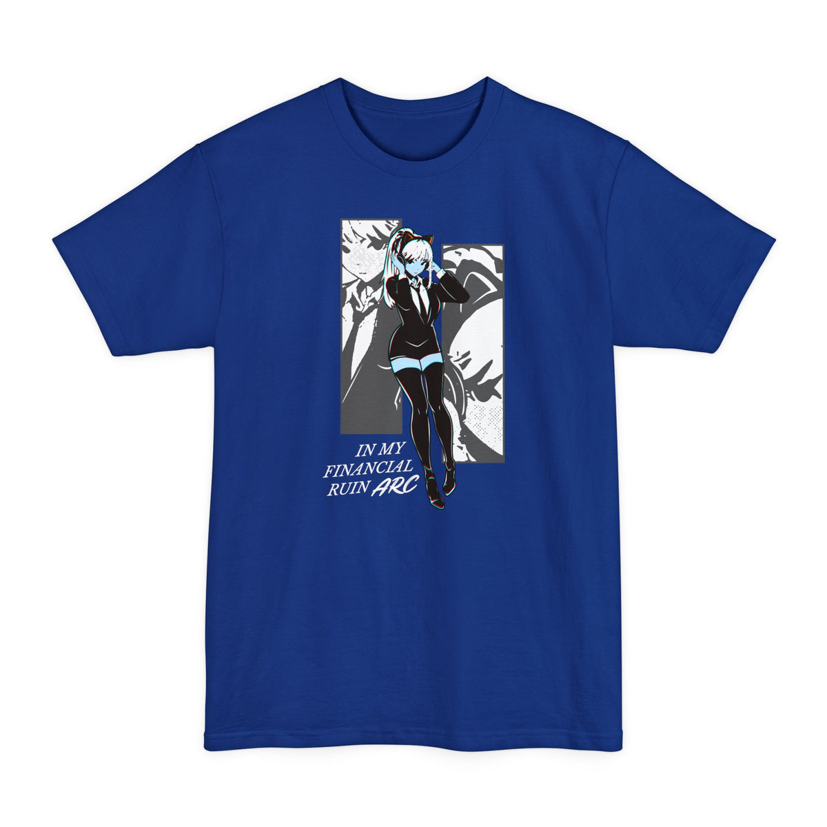 Deep Royal tall T-shirt with an anime girl in a manga panel and "In My Financial Ruin Arc" lettering on the front.