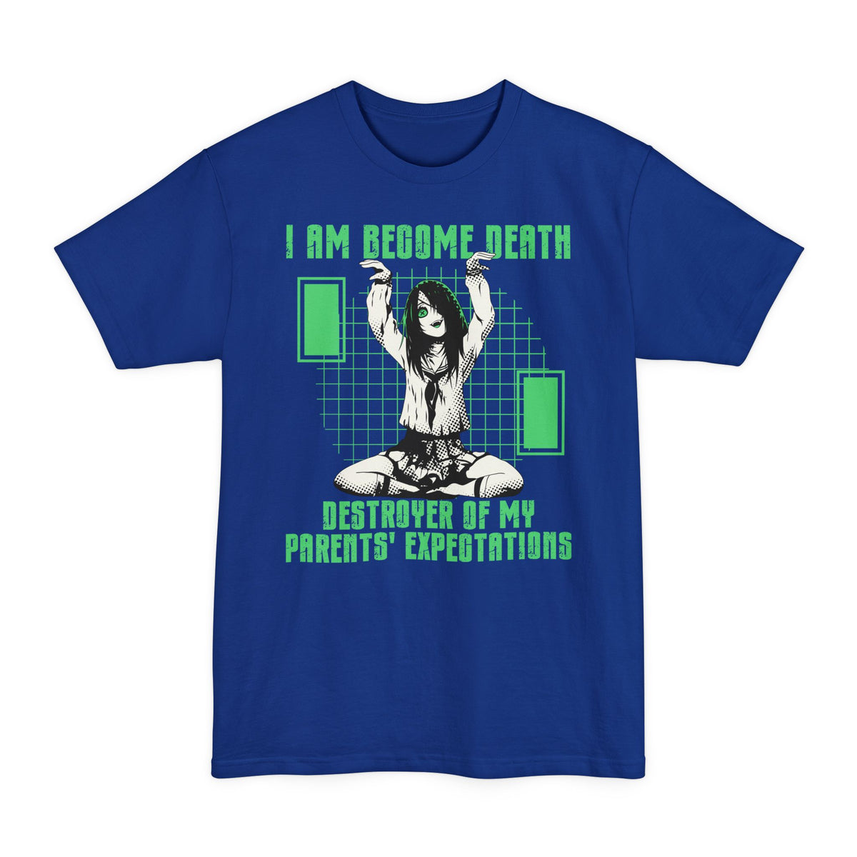 Deep Royal tall T-shirt with an anime girl and "Destroyer of My Parents' Expectations" lettering on the front.
