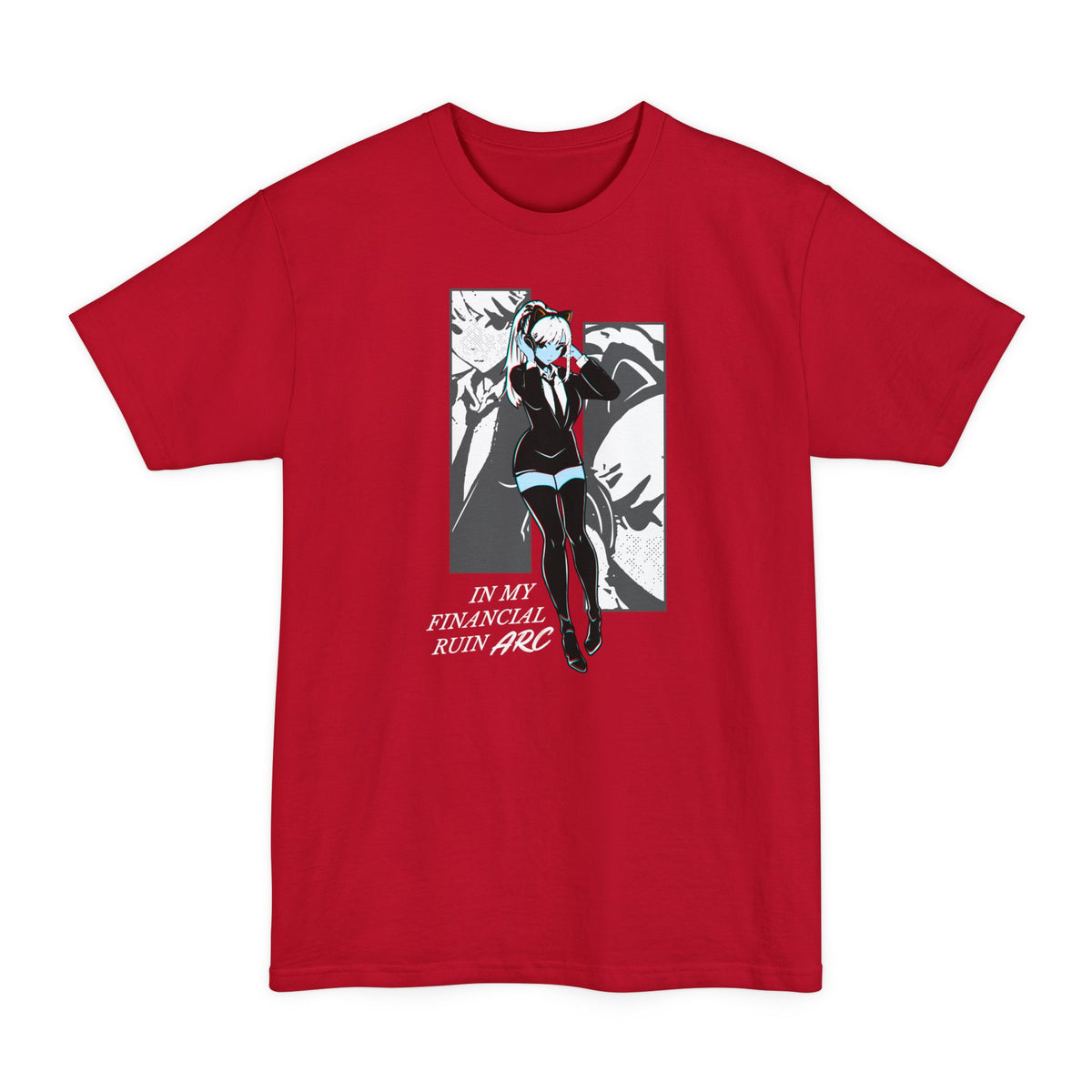 Deep Red tall T-shirt with an anime girl in a manga panel and "In My Financial Ruin Arc" lettering on the front.