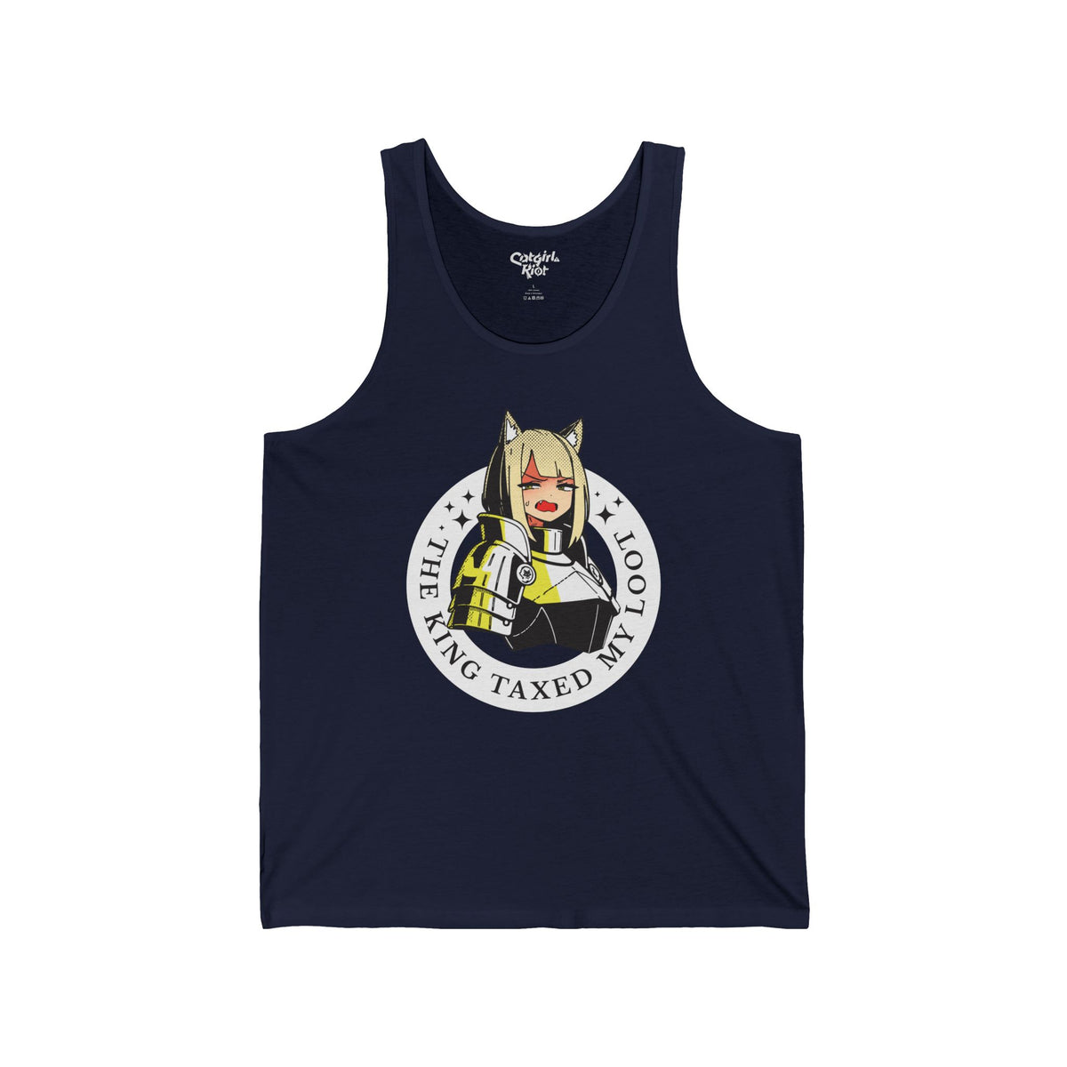 Navy tank top with a teary cat-eared anime knight in a round badge reading "The King Taxed My Loot" on the front.