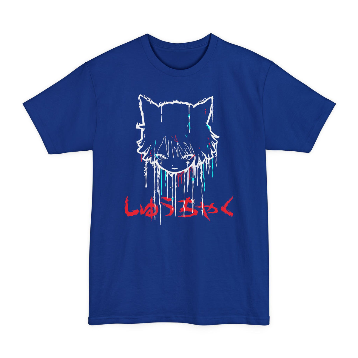 Deep Royal tall T-shirt with a cat-eared anime girl's head with dripping glitch lines on the front.