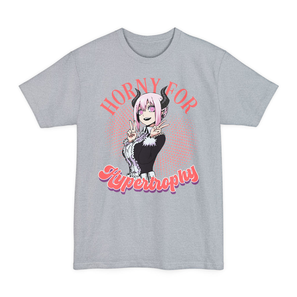 Light Steel tall T-shirt with an anime maid and "Horny for Hypertrophy" lettering on the front.